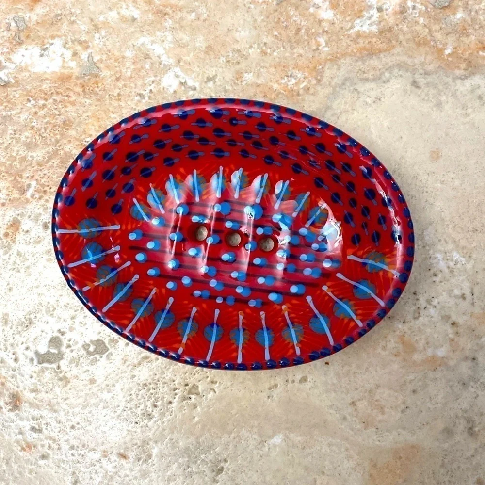 Soap dish Oval Red blue Orange pottery handmade Greece drain holes Jewelry dish